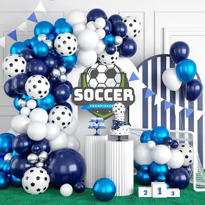 Soccer Balloon Arch Kit, Royal Blue Silver White Metallic Silver Football by Sowide