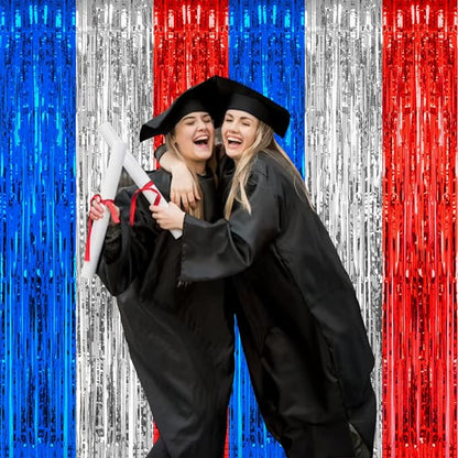 PIGETALE, 2 Pack 3.2 x 8.2 ft Red White and Blue Foil Fringe Backdrop Curtain - Image 2