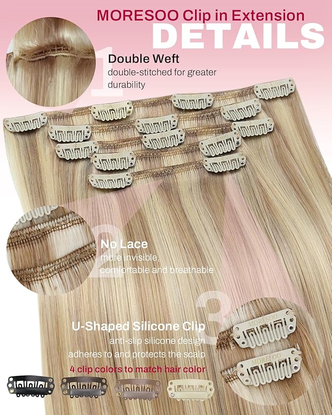 Moresoo Blonde Clip in Hair Extensions Remy Human Hair Golden Blonde Mixed with Medium Blonde to Add Highlights Real Human Hair Extensions Clip ins Invisible Double Weft for Women Short 80g/5pcs 12in