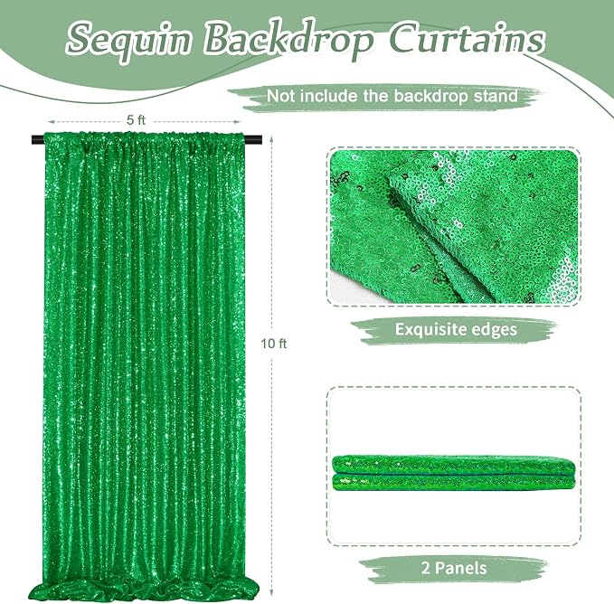 Green Sequin Backdrop Curtains 2 Pcs 5FTx10FT Glitter Backdrop Christmas - Image 2