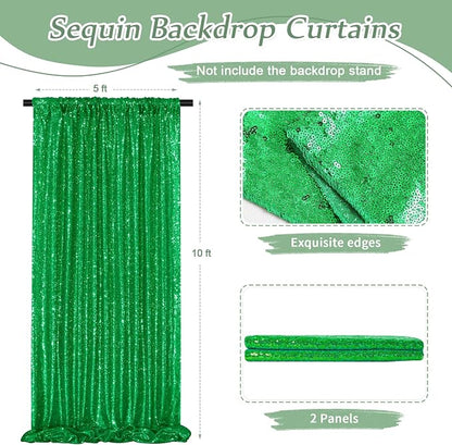 Green Sequin Backdrop Curtains 2 Pcs 5FTx10FT Glitter Backdrop Christmas - Image 2