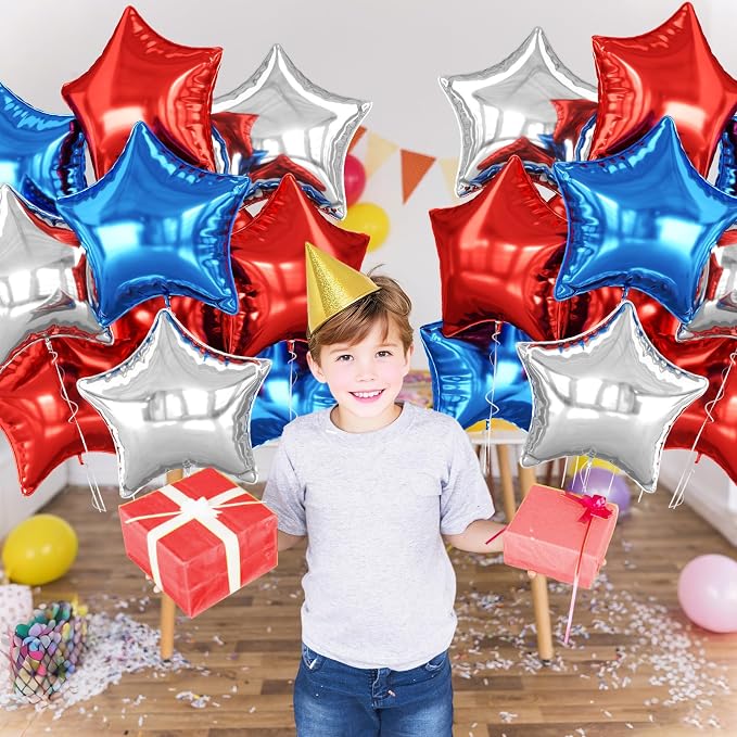 Red Blue Silver Star Foil Balloons, 18 Inch Red and Black Stars Balloons - Image 6