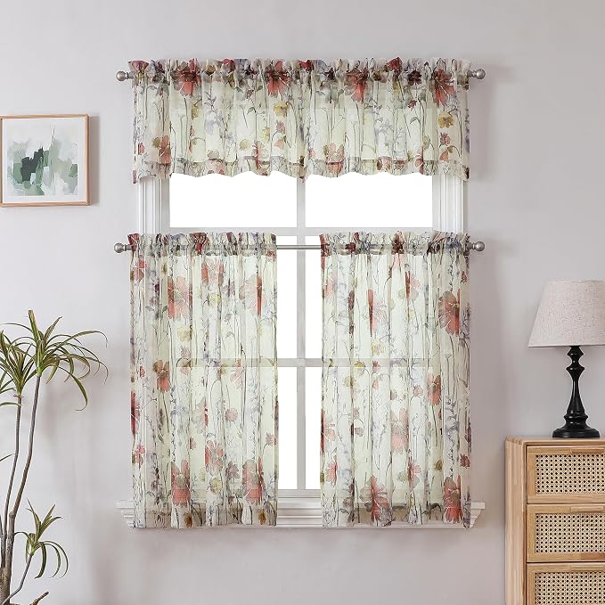 Crushed Sheer Curtains Kitchen Tiers 36 Inch Length 2 Panels, Printed Design - Image 8