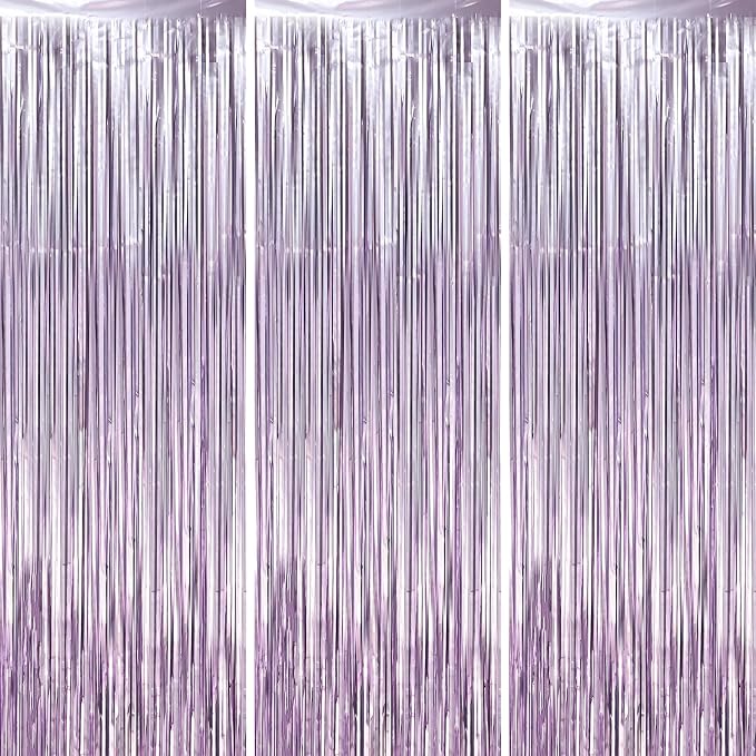 Voircoloria Light Purple Foil Fringe Backdrop Curtains, 3 Pack | Tinsel by Voircoloria