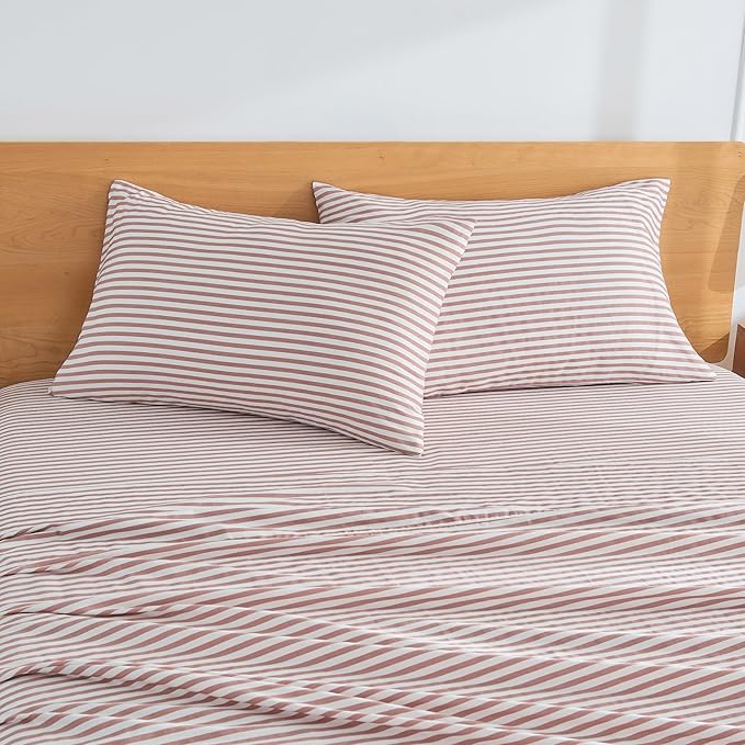 JELLYMONI 100% Natural Cotton Striped Standard Pillowcases Set, 2 Pack White and Pink Stripes Pattern Printed Pillow Covers with Envelope Closure(Pillows are not Included)