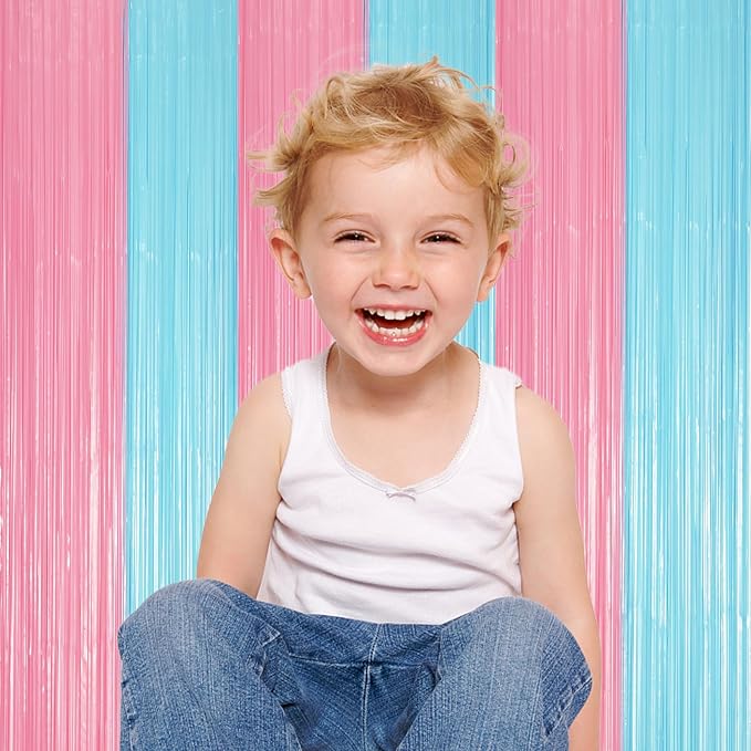 Voircoloria Pastel Blue Pink Foil Fringe Backdrop Curtains, 3 Pack - Image 7
