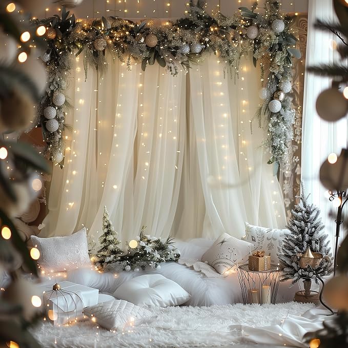 Tulle Backdrop Curtains with Lights Sheer Ivory Curtain Backdrop 30x10ft | - Image 6