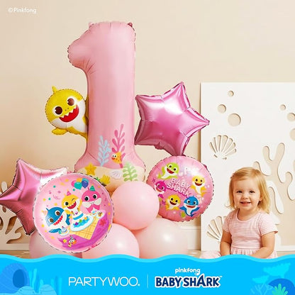 PartyWoo Baby Shark Pink Foil Round Star Mylar Number 1 Balloons 5pcs | Balloons - Image 3