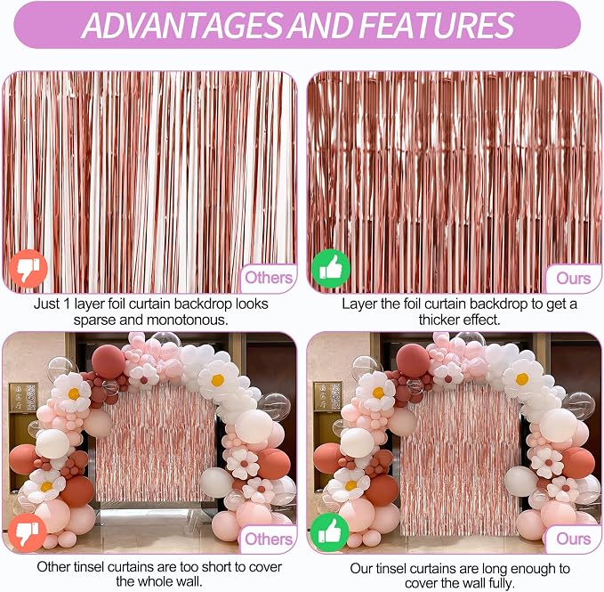 Crosize 2 Pack 3.3 x 9.9 ft Rose Gold Foil Fringe Backdrop Curtain, Streamer - Image 3
