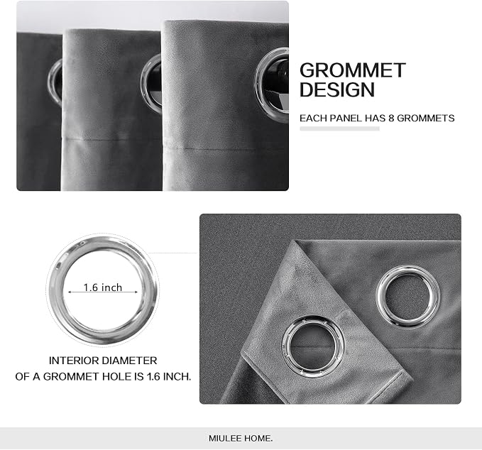 MIULEE Velvet Curtains Grey 52 x 96 Inch Length Set of 2 | Grommet Drapes - Image 2