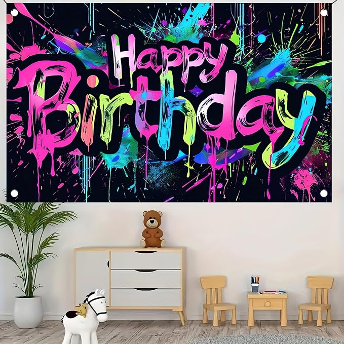 HOMETITUTE Neon Happy Birthday Banner 71x43 Inch Photography Backdrops | Glow - Image 3