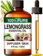 KUKKA Lemongrass Essential Oils - 4 Fl Oz - for Hair, Skin, Diffuser, Aromatherapy & DIY Soap Making Scent