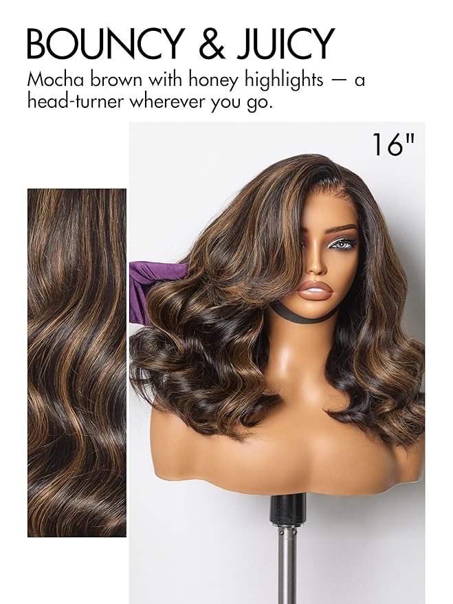 LUVME HAIR 100% Human Hair Wigs Loose Wave Glueless Lace Front 14 Inches, Pre Cut Plucked Hd Lace Short Wig Ready To Go Highlight Color Straight Bleached Knots Side Part Wigs