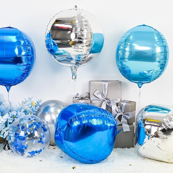 6Pcs Blue Silver Round Foil Balloons, Giant 4D Round Ball Balloons, 22 Inch - Image 3