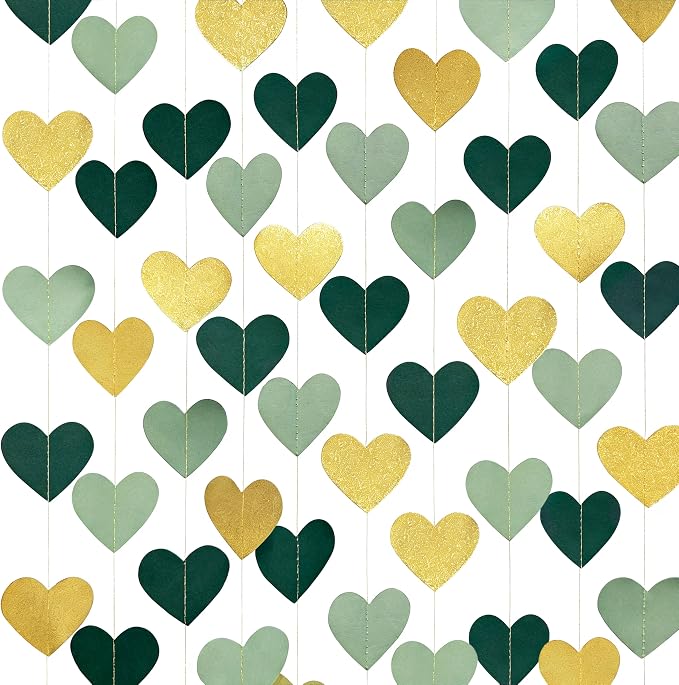 Sage Green and Gold Heart Party Glitter Gold Paper Olive Green Love Heart - Image 3