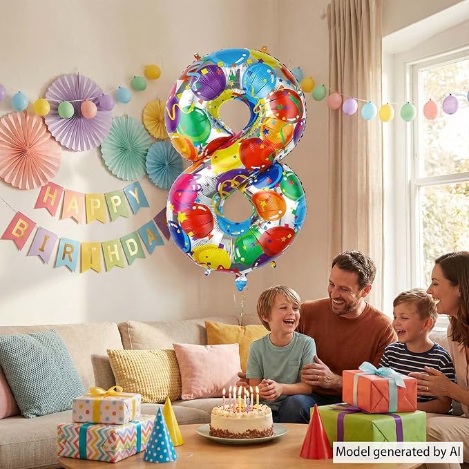 Rainbow Number 8 Balloon 40 Inch, Large Neon Mylar Foil Number - Image 2