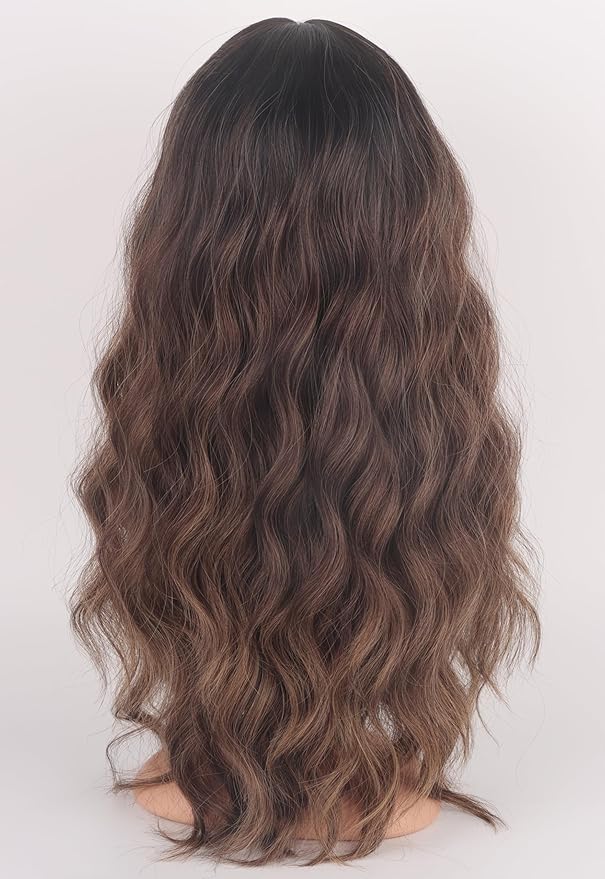 Ombre Brown Wavy Wigs With Bangs, Medium Long Synthetic Hair Replacement Wigs for Daily Use, 18 Inch