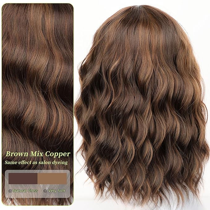 AISI HAIR Brown Mix Copper Synthetic Wavy Curly Bob Wig with Bangs Short Wavy Hair for Women Synthetic Heat Resistant Bob Wigs