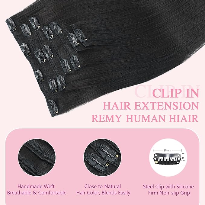PINKPEARL Clip in Human Hair Extensions #1B Natural Black Clip in Hair Extensions Real Human Hair 20 inch Remy Hair 120g 7pcs Straight Natural Human Hair Clip ins(#1B-20)