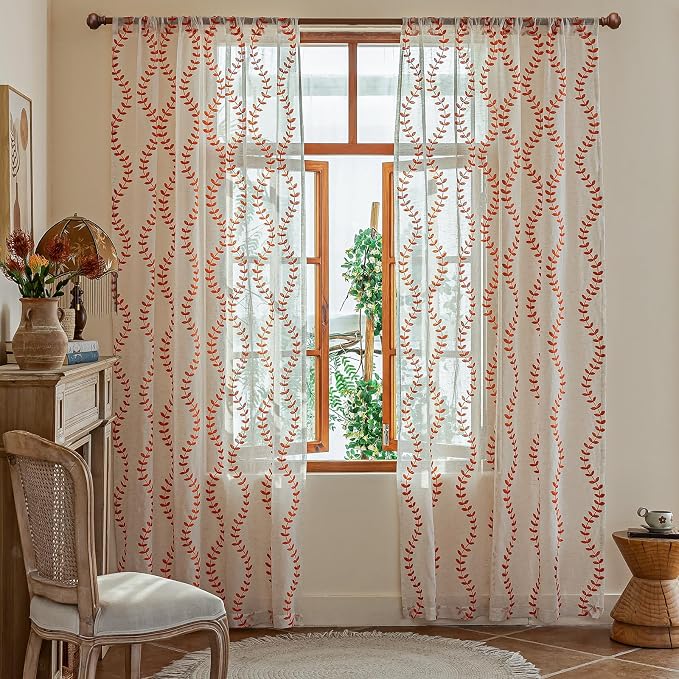 2 Panels Linen Leaf String Floral Embroidered Semi Sheer Curtain Farmhouse - Image 2