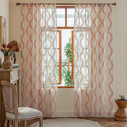 2 Panels Linen Leaf String Floral Embroidered Semi Sheer Curtain Farmhouse - Image 2