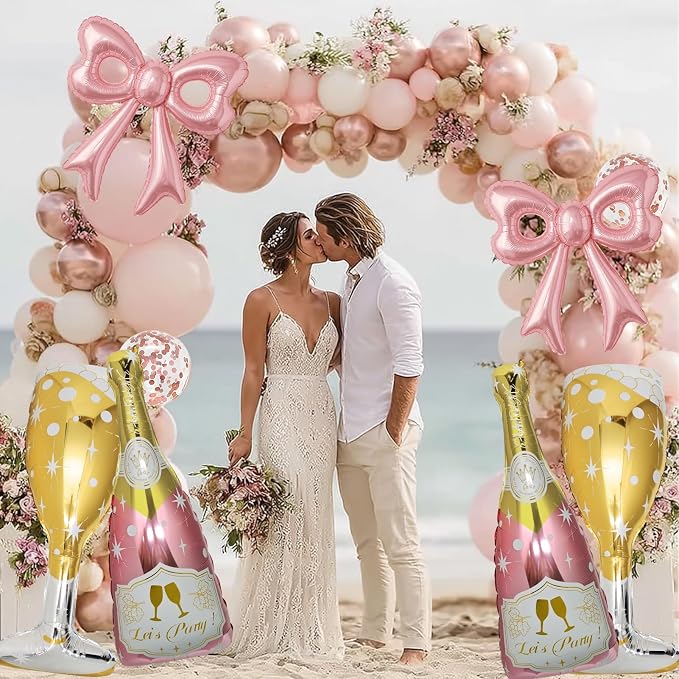 6 Pcs Pink Bow Balloons, Huge Rose Gold Champagne Bottle Goblet Aluminum Foil - Image 8