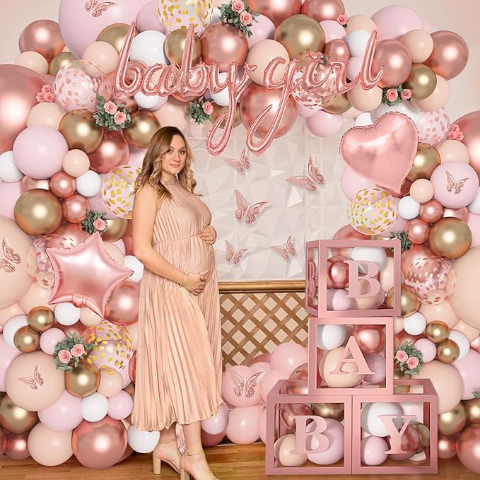 Amandir 135pcs Rose Gold Balloons Pink Girl Baby Shower Decorations | Butterfly - Image 6