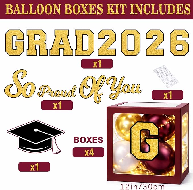 Graduation Decorations Class of 2026 Maroon and Gold Balloon Boxes - Image 2