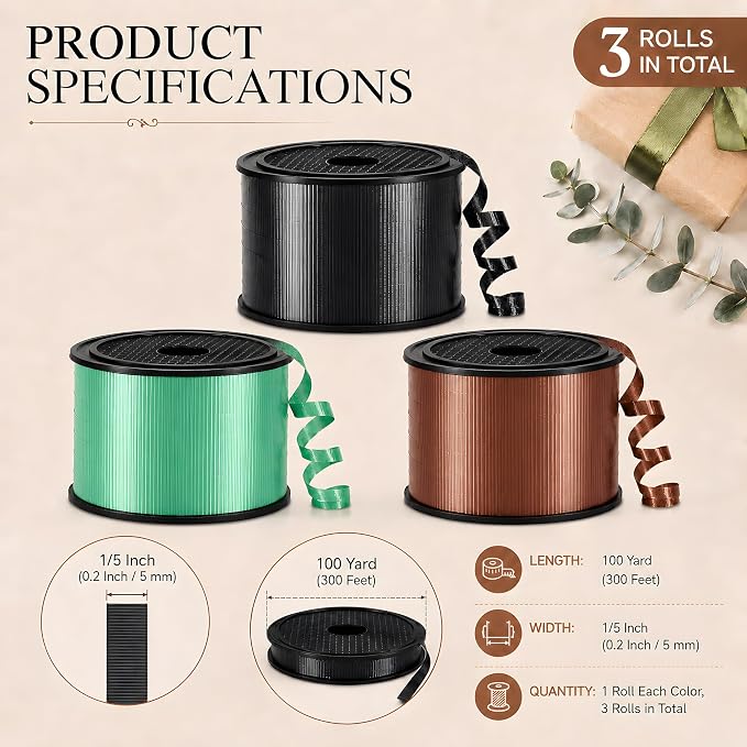 BEISHIDA 3 Pack 100 Yard Matte Black Green Brown Curling Crimped Ribbon Balloon - Image 2