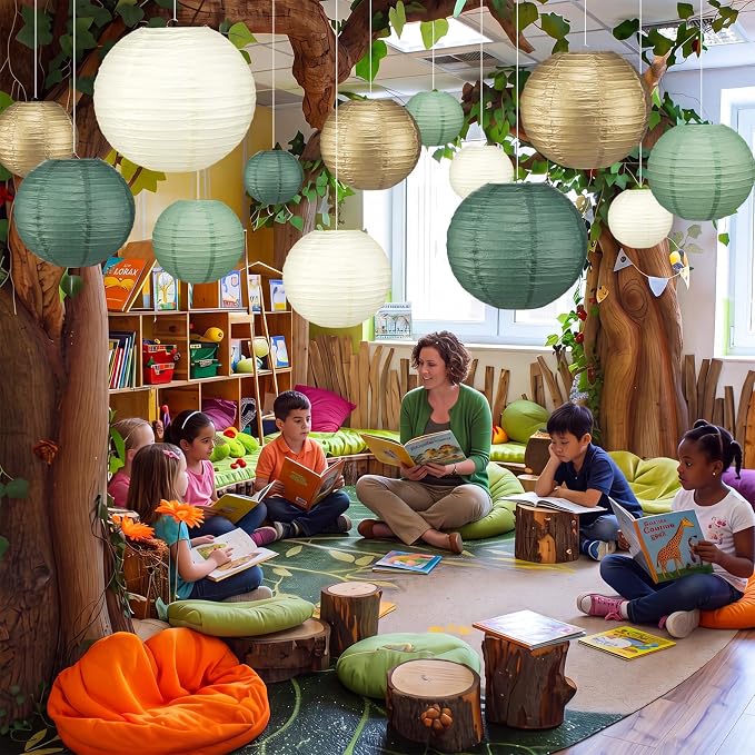 12 Pcs 10" Golg Greem Boho Paper Lanterns Party Classroom Decor - Image 2