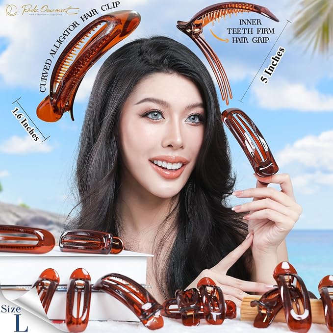 RC ROCHE 6 Pcs Flat Claw Hair Clips for Women Alligator French Barrette Long Thick Hair Duckbill Curved No Slip Grip Lay Flat Side Slide Firm Classic Styling, Large Brown