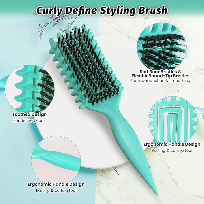 Curly Hair Brush Defining, Vented Curl Defining Brush for Effortlessly Detangling Shaping and Styling Women's Men's Curls on All Wet or Dry Hair Types, Reduces Frizz (Green)
