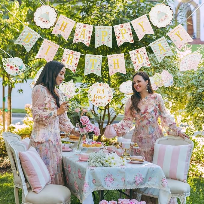SUNBEAUTY Floral Tea Party Birthday Decorations Tea Happy Birthday Banner - Image 6