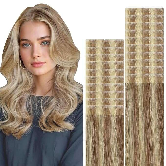 VINBAO Invisible Tape in Hair Extensions Human Hair Seamless Injected Human Hair Tape Ins Extensions Balayage Ash Brown to Caramel Blonde Natural Blend 50g 20pcs 18inch #10/16/16