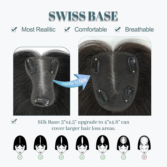 Human Hair Toppers for Women Real HairTopper with Thinning Hair 120% Density Round Shaped Swiss Base Hair Pieces 40g-Medium Brown Mix Blonde with Dark Brown Root（4P27）