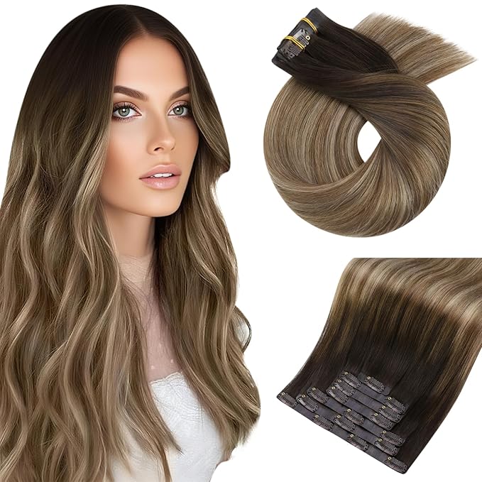 Moresoo Seamless Clip in Hair Extensions Balayage Dark Brown to Ash Blonde with Dark Blonde Seamless Human Hair Clip in Extensions 7pcs/120g 16inch
