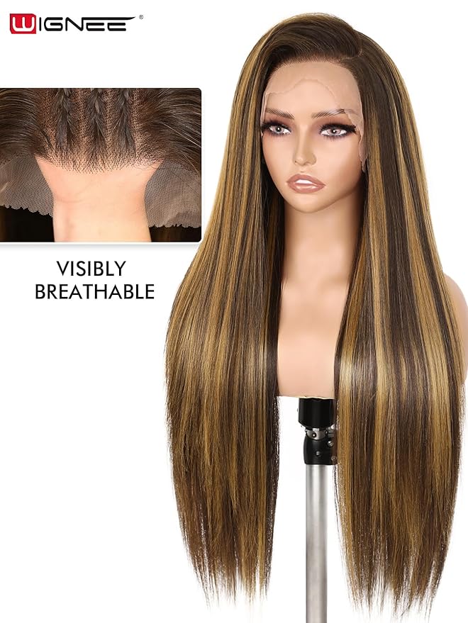WIGNEE 13x6 Synthetic Lace Front Wig 28" Long Straight Wig Natural Black Kanekalon Futura Synthetic Wigs for Black Women Pre-Plucked Glueless Wig for Daily Party Use