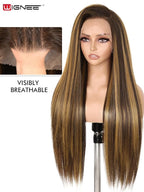 WIGNEE 13x6 Synthetic Lace Front Wig 28" Long Straight Wig Natural Black Kanekalon Futura Synthetic Wigs for Black Women Pre-Plucked Glueless Wig for Daily Party Use