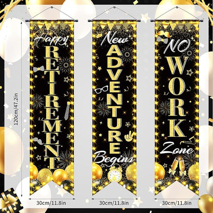 3Pcs Retirement Porch Sign Door Hanging Banner Black Gold Happy Retirement - Image 2
