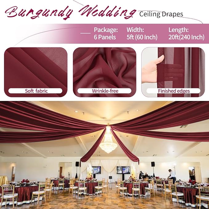 6 Panels Burgundy Ceiling Drapes - Image 4