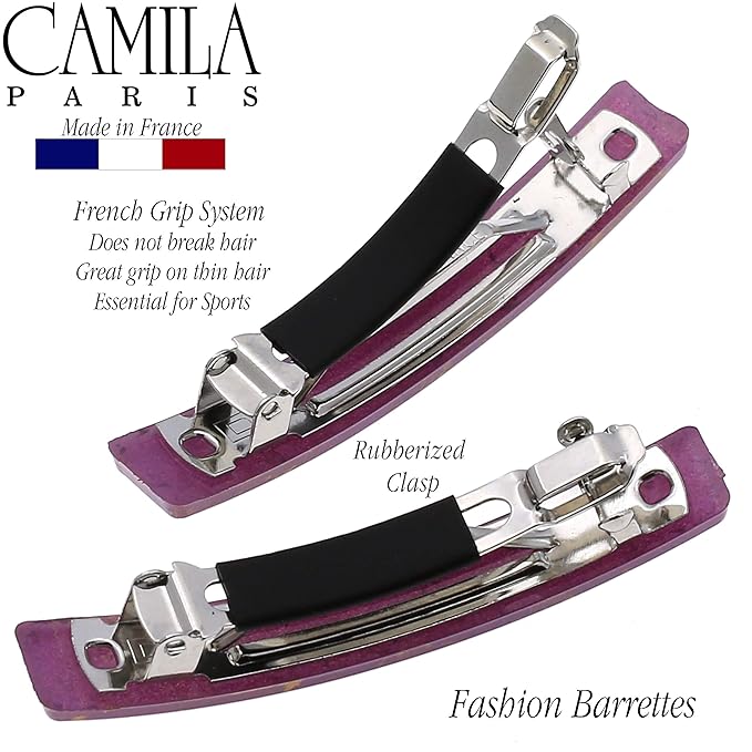 Camila Paris CP3039 French Hair Barrette Clip for Girls, Set of 2 Purple Rubberized Metal Clasp Strong Hold Grip Hair Clips for Women, No Slip Durable Styling Girls Hair Accessories, Made in France