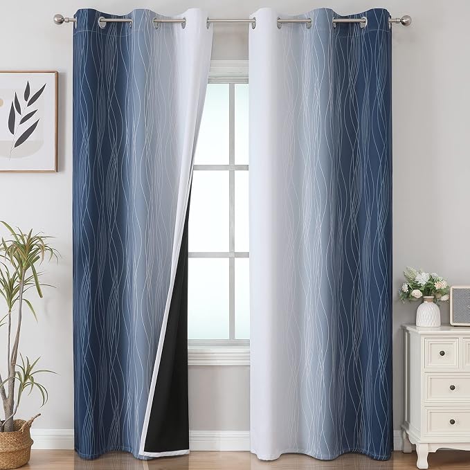 Navy Blue and Greyish White Blackout Curtains 84 Inches Long, Full Room by ESTELARTEXTILER