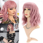 FAELBATY Short Curly Wavy Pink Wigs with Bangs Shoulder Length Synthetic Wig for Women and Girls Costume Cosplay Wigs(12" Pink)