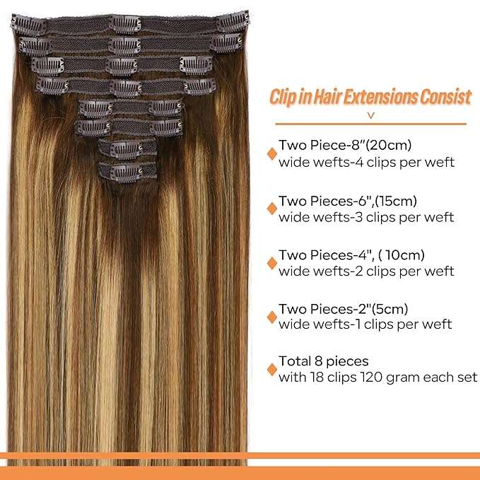Straight Clip In Hair Extensions Real Human Hair 8Pcs Clip In Balayage Chocolate Brown to Caramel Blonde Human Hair Extensions with 18Clips Lace Weft 120g 14inch
