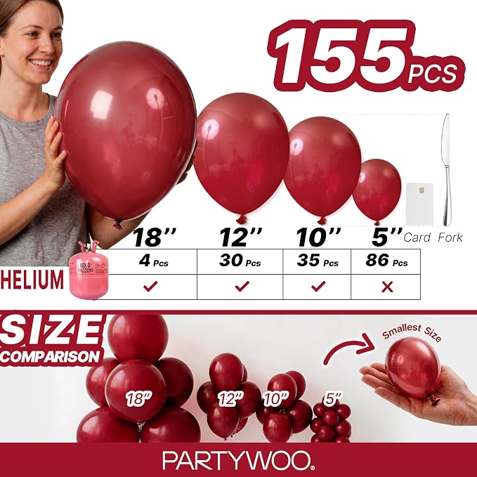 PartyWoo Burgundy Balloons 155pcs Dark Chestnut Red Maroon Color | 18 12 10 5 - Image 6