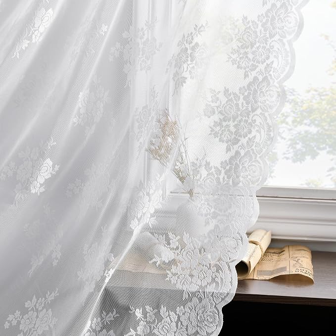 Kotile White Lace Kitchen Curtains Rustic Floral W42 x L30 Inch, 2 Panels | Rod - Image 9