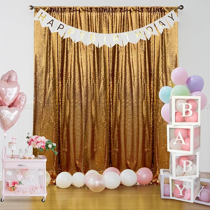 Sugargirl Black Gold Sequin Backdrop Curtain 2 Panels 2FTx8FT Glitter Black - Image 2