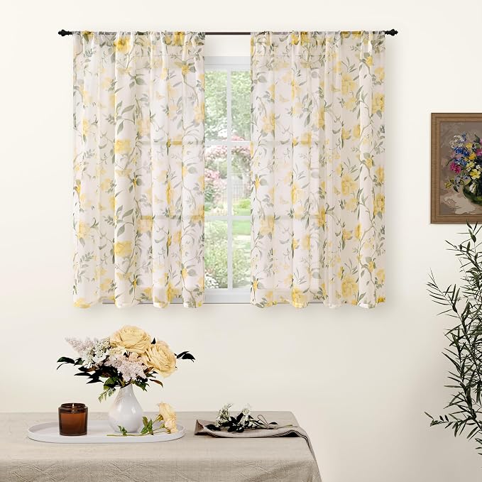 Sheer Curtains 54 Inch Length 2 Panels Set, Floral Patterned Linen Look by Lajode