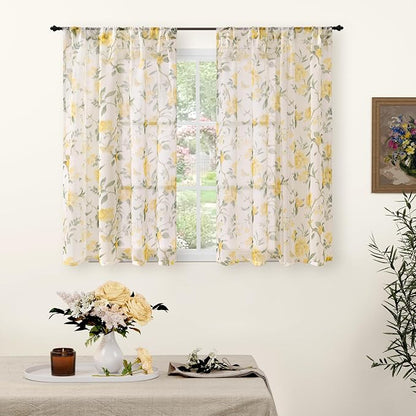 Sheer Curtains 54 Inch Length 2 Panels Set, Floral Patterned Linen Look by Lajode