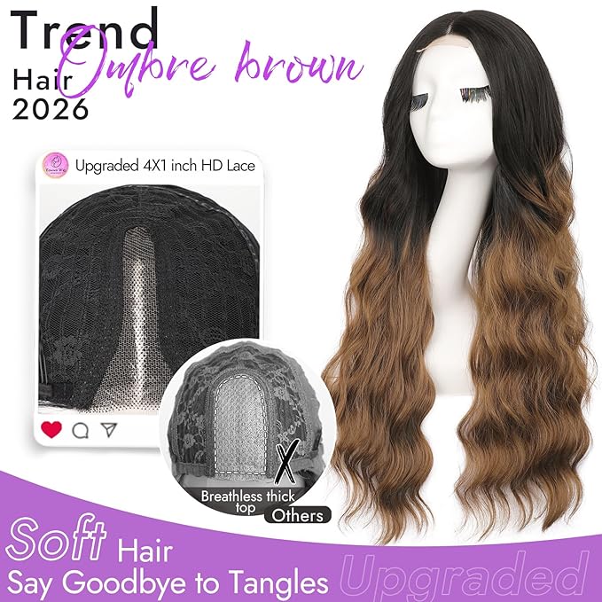 Ombre Brown Wig for Women Long Wavy 4x1 Lace Natural Hairline Glueless for Beginners Middle Part Synthetic for Daily Party Use 30Inch